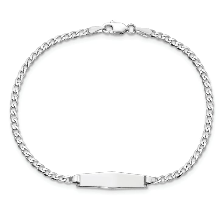 Rhodium Over 14k White Gold Soft Diamond Shape Flat Curb Link ID Bracelet
