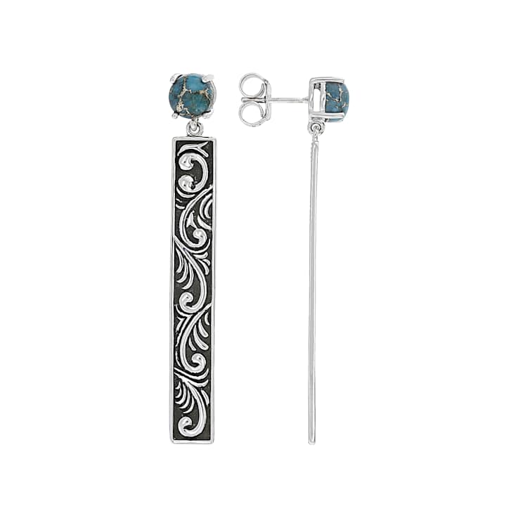 Blue Copper Composite Turquoise Sterling Silver Filigree Drop Earrings 7mm