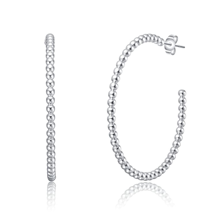 Modern Texture Bead C-Hoop Earrings In Rhodium Over Brass