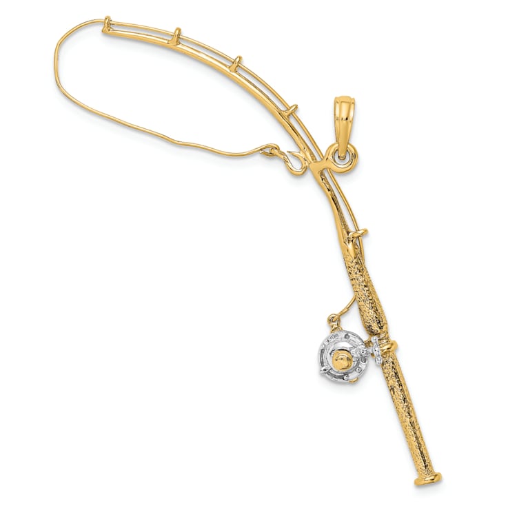 14k Two-tone Gold 3D Moveable Fishing Pole with Reel Charm