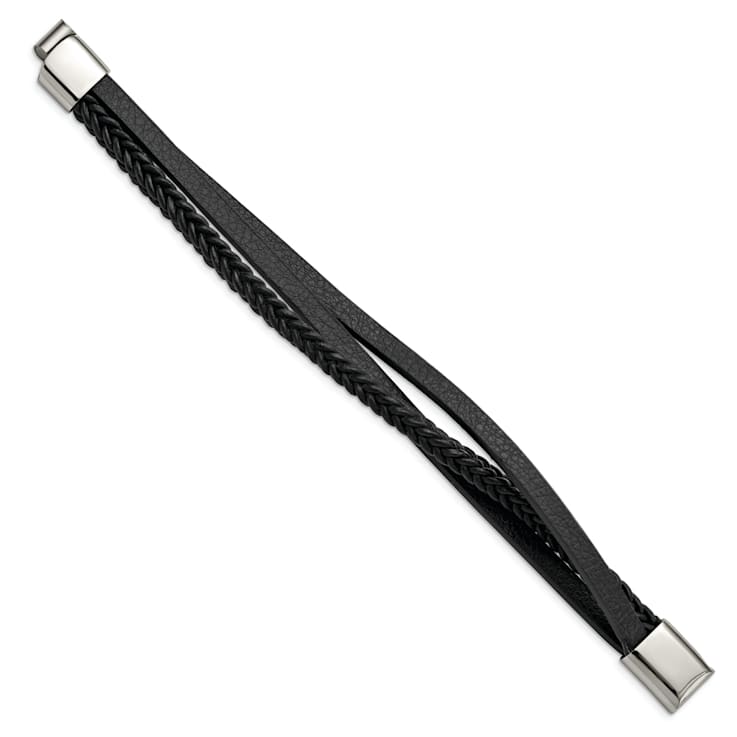 Black Leather and Stainless Steel Polished Multi-Strand 8.25-inch Bracelet
