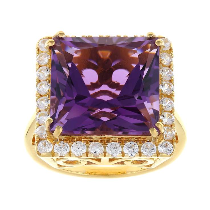 Amethyst Princess Cut And White Zircon Ring In 18K Gold Over Sterling
Silver 11.40ctw