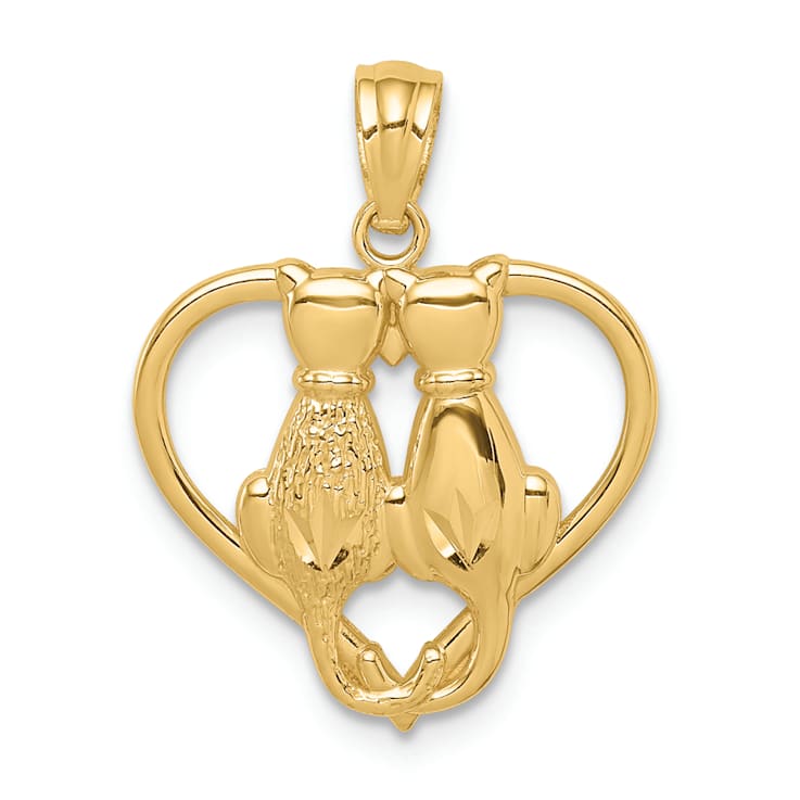 14K Yellow Gold Sitting Cats Heart Pendant