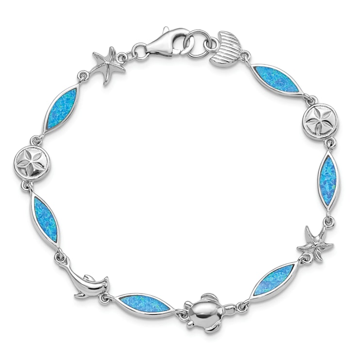 Rhodium Over Sterling Silver Lab Created Opal Sea Life Bracelet
