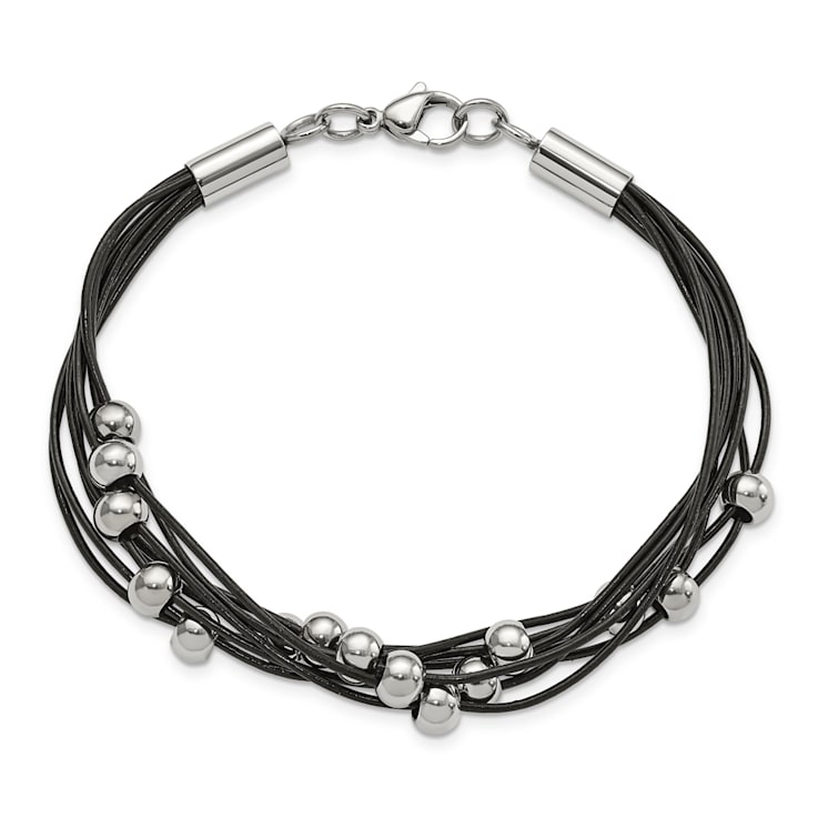 Black Leather and Stainless Steel Polished Beaded Multi-Strand 8-inch Bracelet