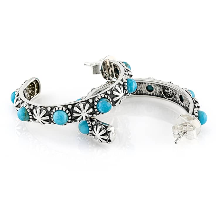 Turquoise And Filigree Hoop Earrings In Sterling Silver 4mm
