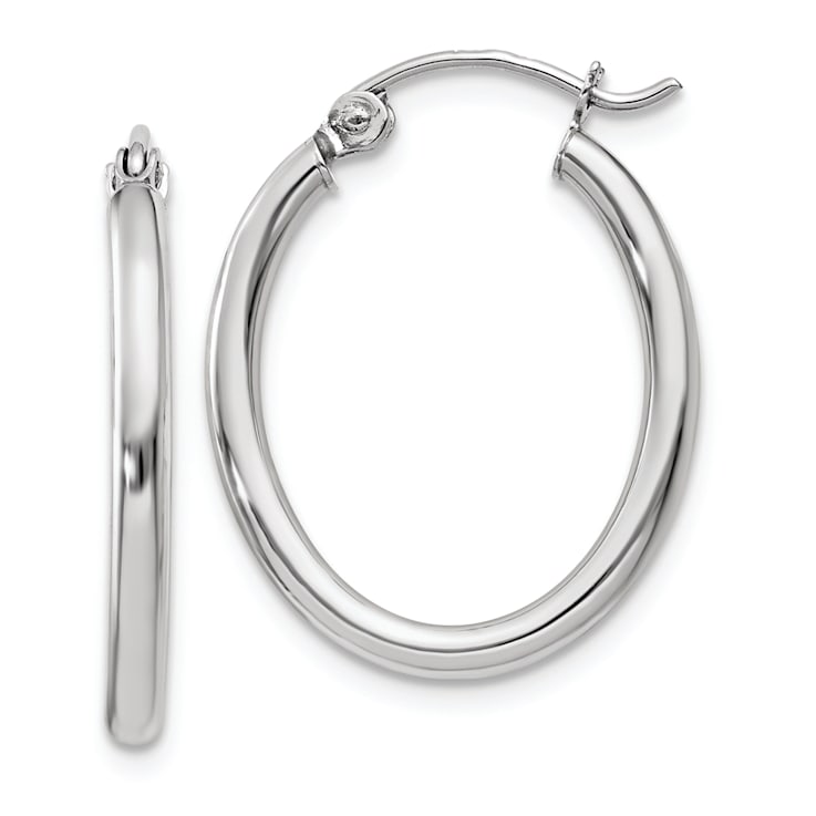 Rhodium Over 14k White Gold 15/16" Polished Oval Tube Hoop Earrings
