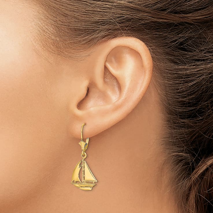 14k Yellow Gold 3D Polished Sailboat Dangle Earrings