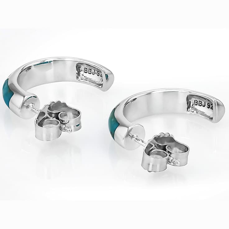Turquoise Three-Stone Inlay Hoop Earrings In Sterling Silver