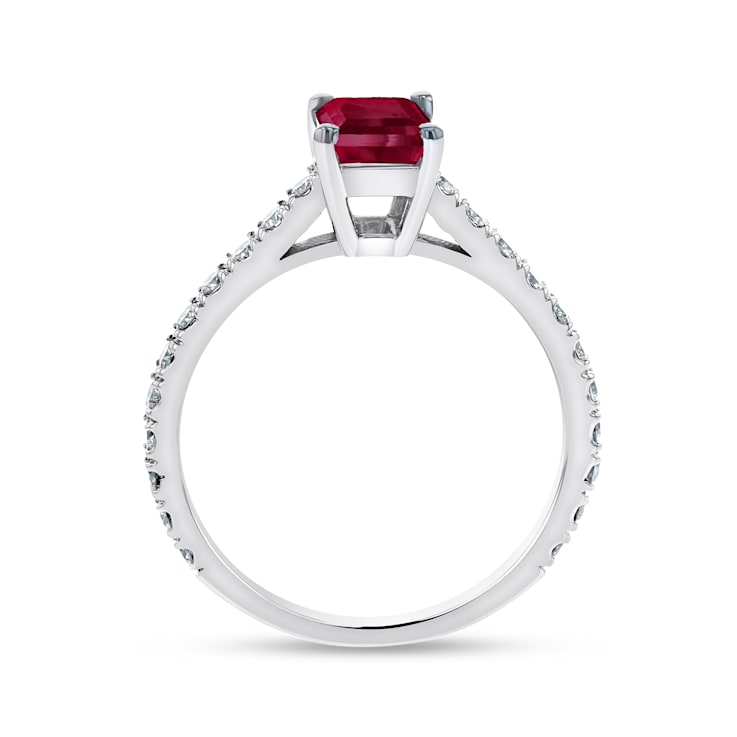 1.36ctw Diamond and Emerald Cut Ruby Engagement Ring 14k White Gold