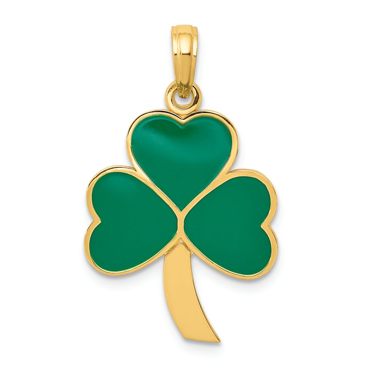 14K Yellow Gold Green Enameled Shamrock Pendant