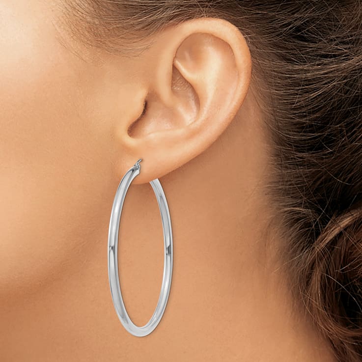 Rhodium Over 14k White Gold Polished 2 3/16" Tube Hoop Earrings