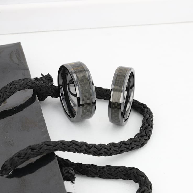ONYX Black Carbon Fiber Inlaid Black Ceramic Wedding Band 8mm