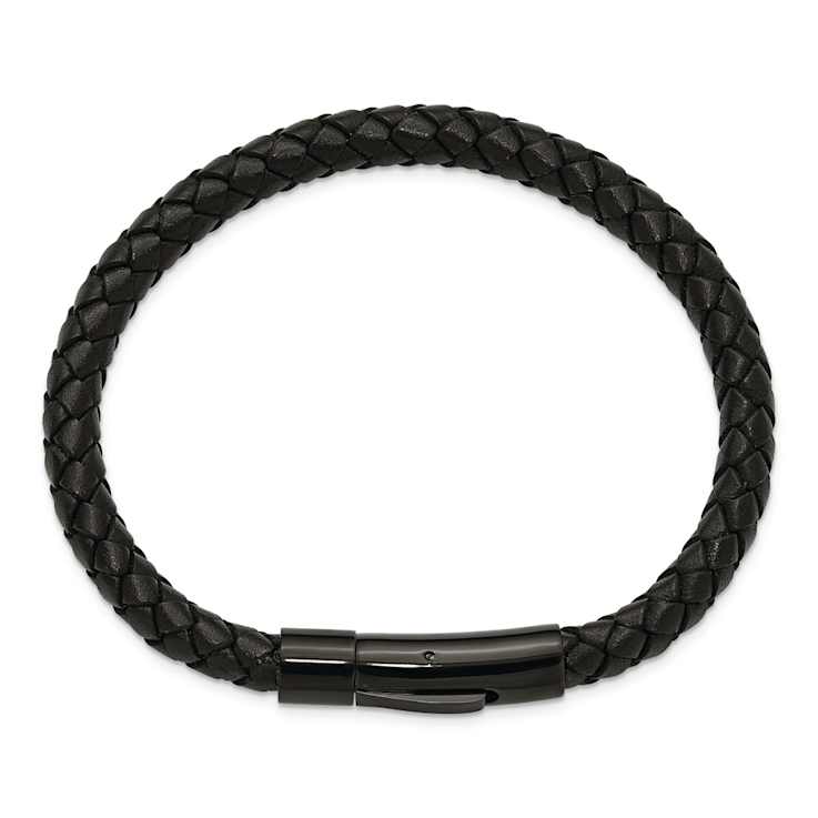 Stainless Steel Polished Black Ion Plated Black Leather 8.25-inch Bracelet