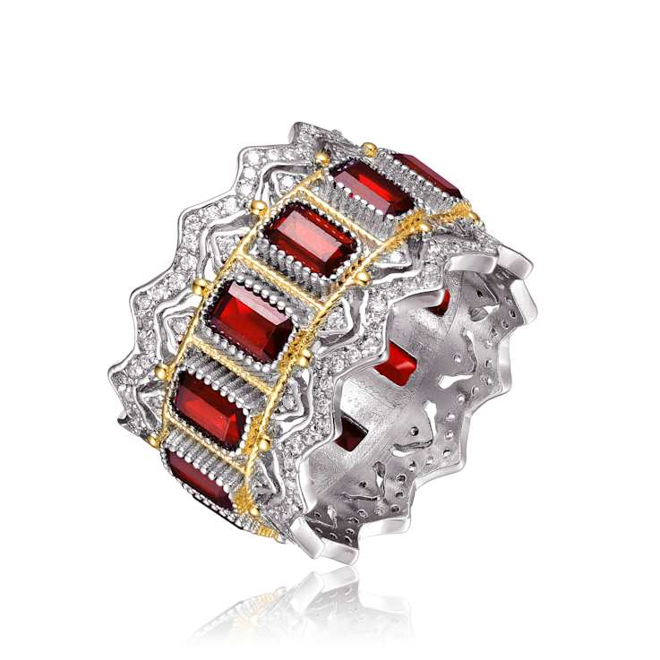 Ruby Color CZ Cocktail Ring In Two-Tone White And Gold Plated Brass