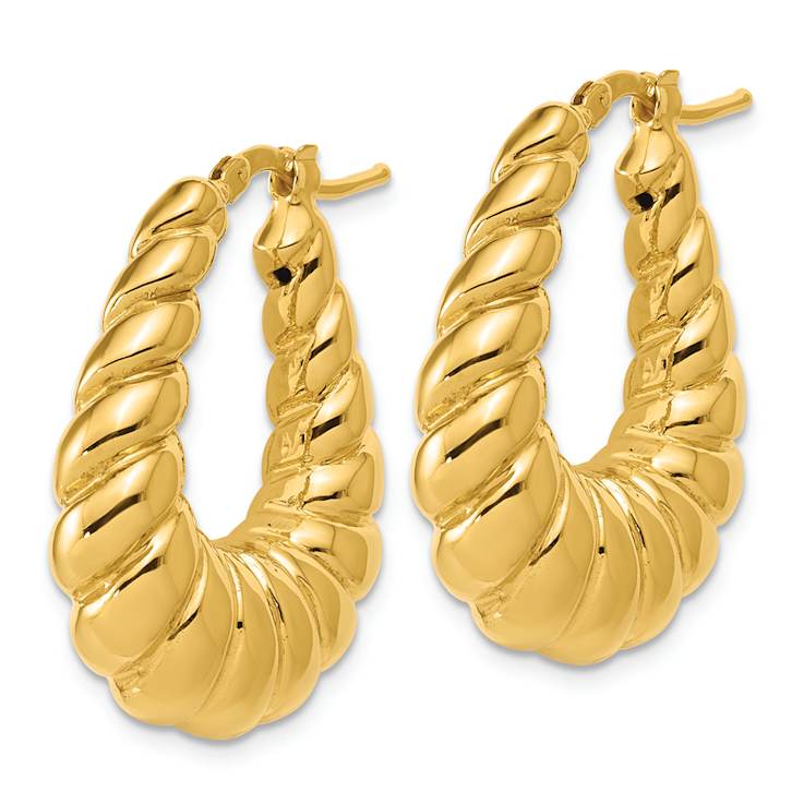 14K Yellow Gold Polished Scallop Oval Hoop Earrings