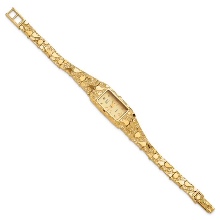 14k Yellow Gold Ladies Rectangular Champagne 15x31mm Dial Solid Nugget Watch