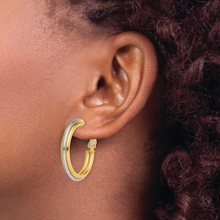 14k Yellow Gold and 14k White Gold Polished 1 1/8" Hoop Earrings