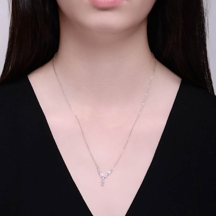 Initial Y Mixed Cut CZ Pendant Necklace In Sterling Silver 18 Inch