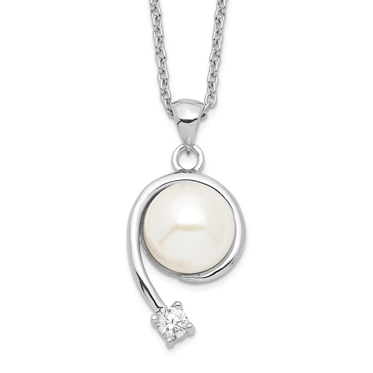 Rhodium Over Sterling Silver 8-9mm White Freshwater Cultured Pearl Cubic
Zirconia Pendant Necklace