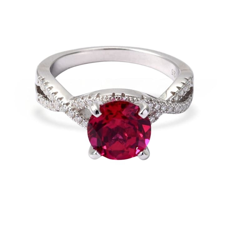 Red Lab Created Ruby with Moissanite Accent Rhodium Over Sterling Silver Ring