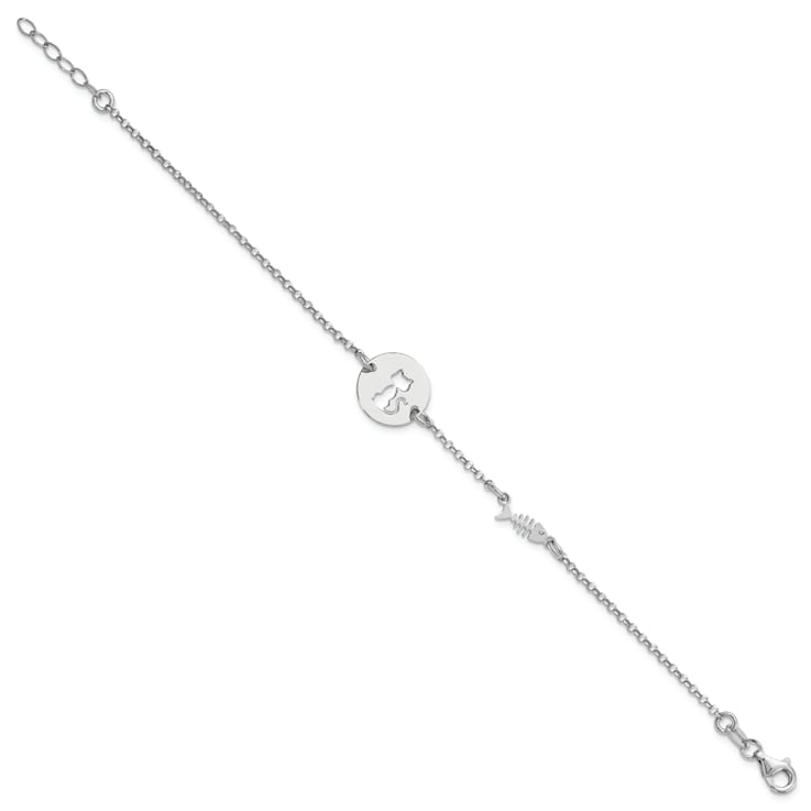 Sterling Silver Rhodium-plated Kitty and Fish with 0.5 Inch Extension Bracelet