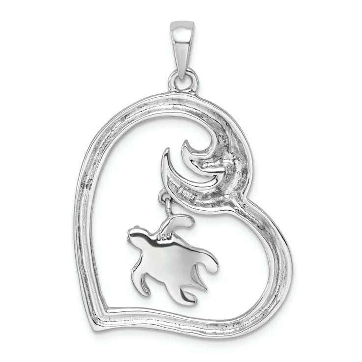 Rhodium Over Sterling Silver Crystal Turtle Heart with Wave Pendant