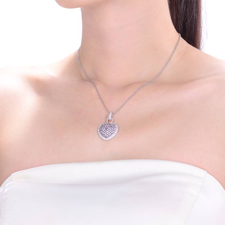 Pink CZ Pave Heart Pendant Necklace In Sterling Silver