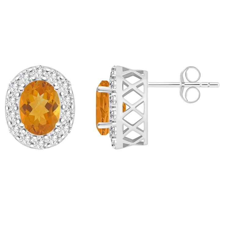8x6mm Oval Citrine And White Topaz Accent Rhodium Over Sterling Silver
Halo Stud Earrings