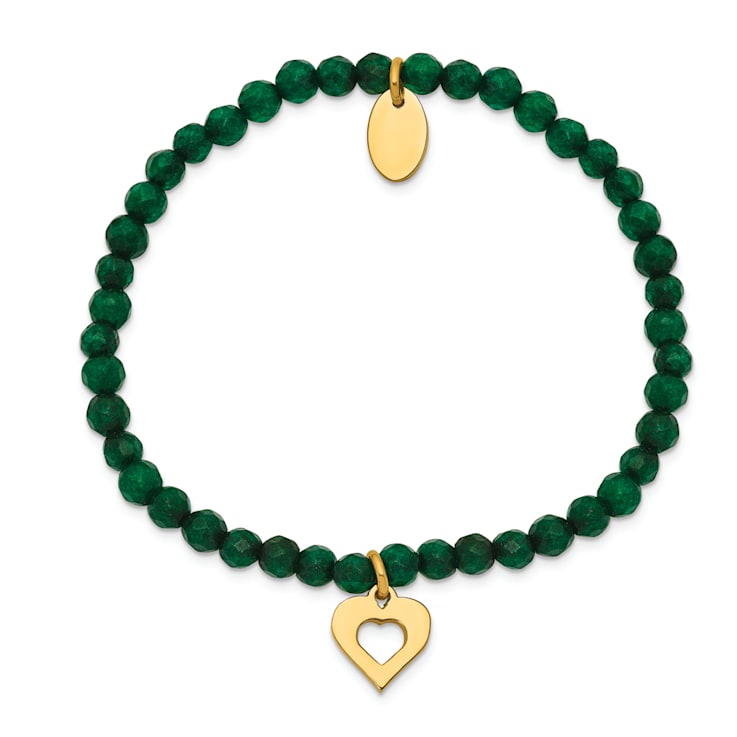Yellow Stainless Steel Polished Heart Green Jade Stretch Bracelet