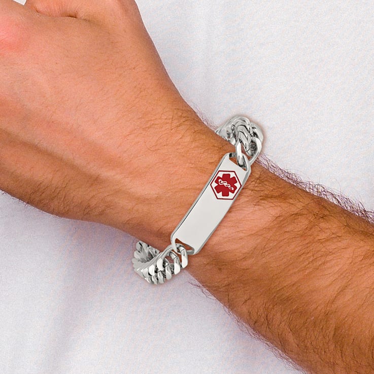 Stainless Steel Polished with Red Enamel 8.5-inch Medical ID Bracelet