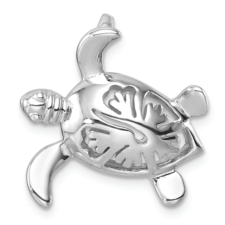 Rhodium Over Sterling Silver Polished Flower Back Turtle Chain Slide Pendant