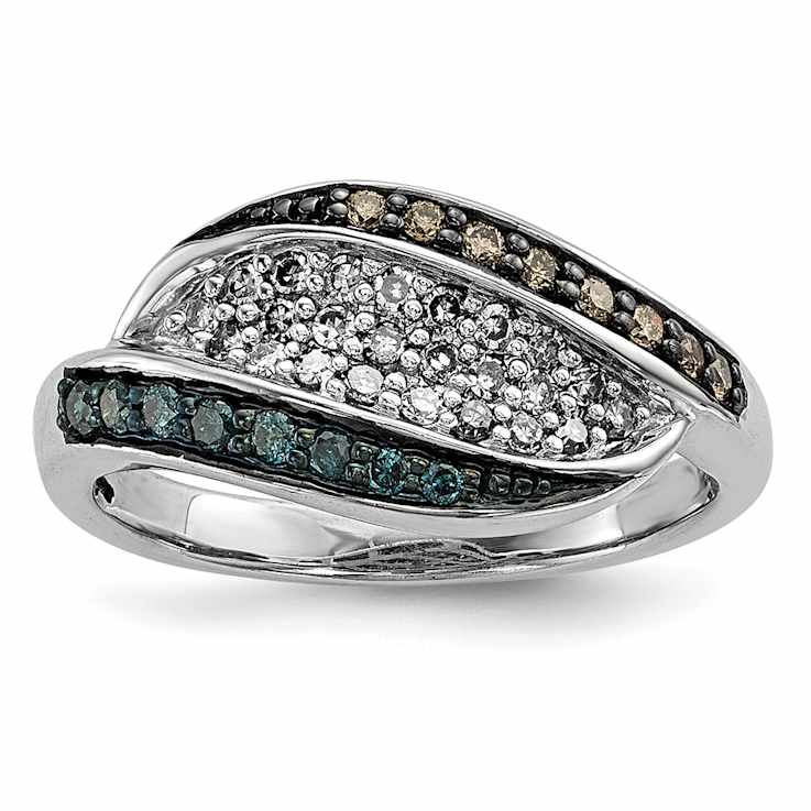 Sterling Silver 0.33ctw White, Champagne and Blue Diamond Antiqued Ring