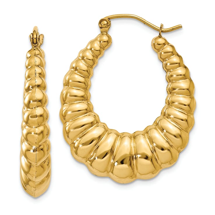 14k Yellow Gold Polished Textured 1/2" Scalloped Hoop Earrings