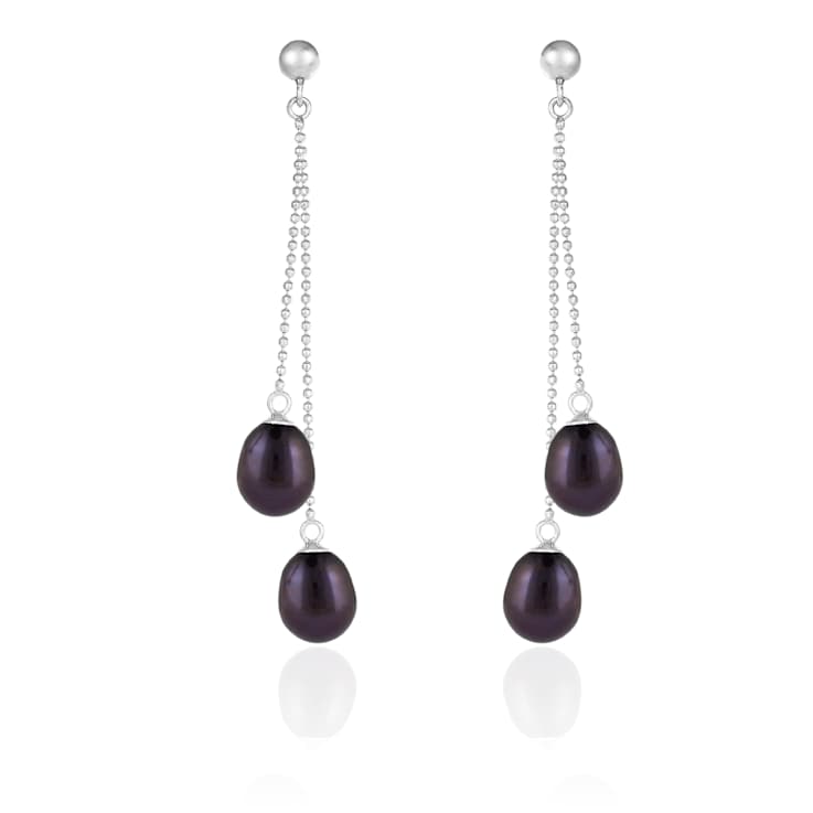 7-7.5mm Black Cultured Freshwater Pearl Rhodium Over Sterling Silver Earrings