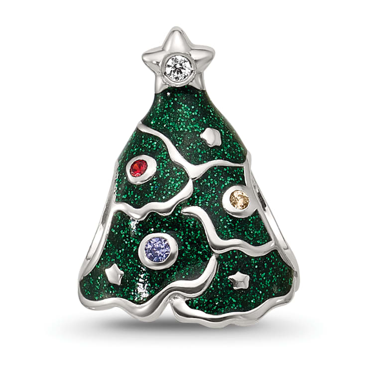 Sterling Silver Enamel Cubic Zirconia Christmas Tree Bead
