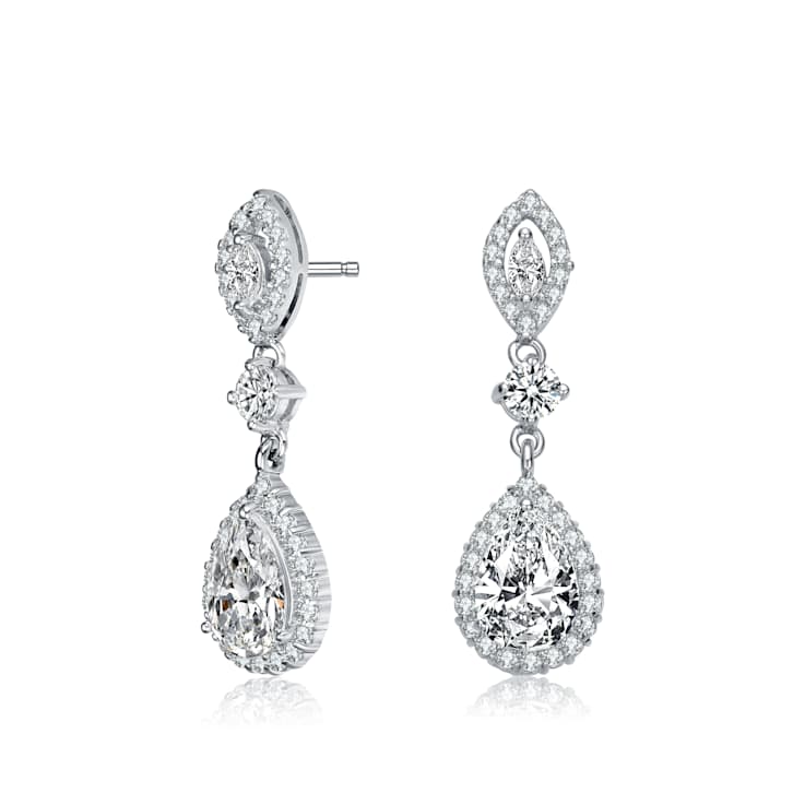 Pear Shape CZ Halo Drop Earrings In Sterling Silver