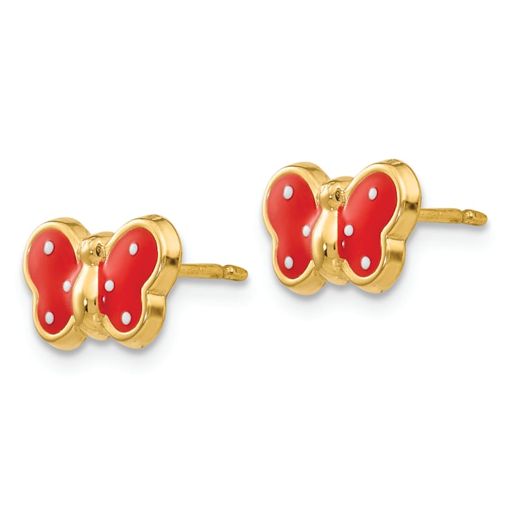 14k Yellow Gold Red Enameled Butterfly Stud Earrings