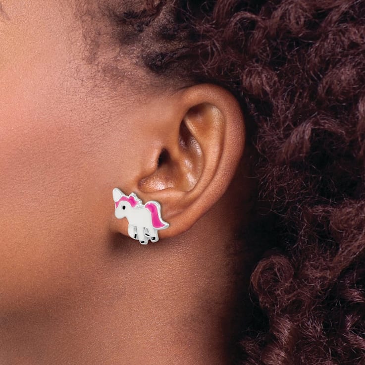 Rhodium Over Sterling Silver Enamel Unicorn Post Earrings