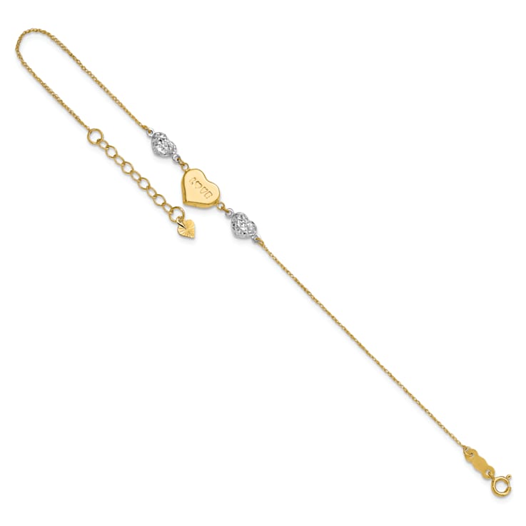 14k Two-tone Gold Puffed Love Heart and Diamond-Cut Hearts Bracelet