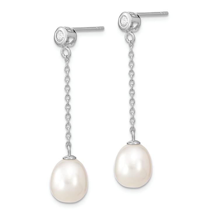 Rhodium Over Sterling Silver 8-9mm Rice Freshwater Cultured Pearl CZ
Post Dangle Earrings