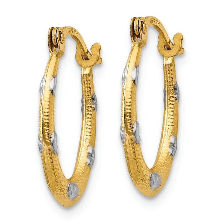 14k Two-tone 11/16" Textured Oval with Hearts Hoop Earrings