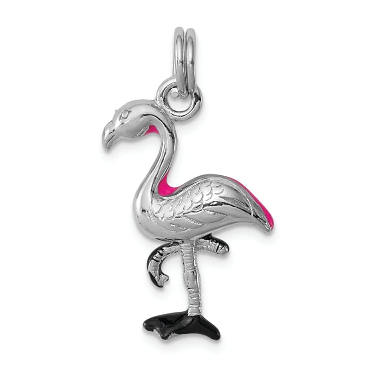 Rhodium Over Sterling Silver Hot Pink and Black Enameled Flamingo Charm