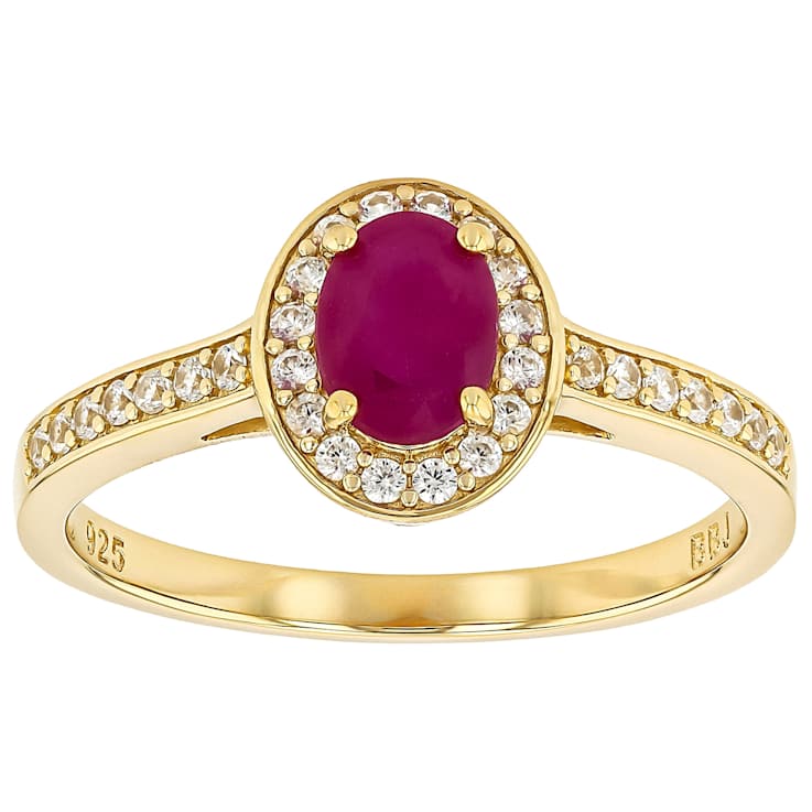 Ruby Oval And White Zircon Ring In 18K Gold Over Sterling Silver 1.25ctw