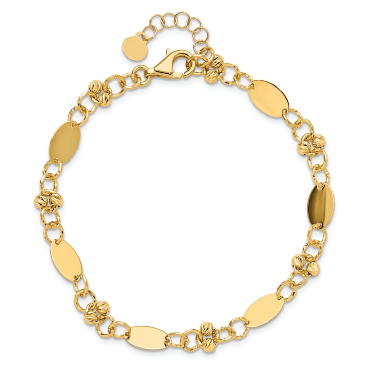 14K Yellow Gold Polished and Diamond-cut Beaded Fancy Plus 1-inch Ext. Bracelet