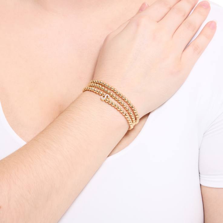 Initial S CZ Beaded Bracelet Set In 14K Gold Over Brass 0.13ctw