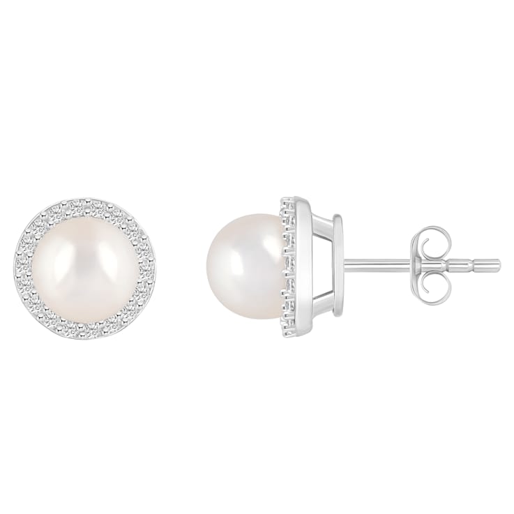 6mm Cultured Freshwater Pearl And Created White Sapphire 10k White Gold
Halo Stud Earrings