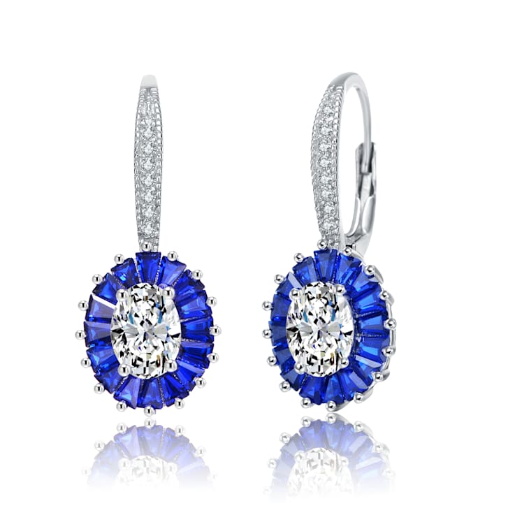 Sapphire Color CZ Halo Drop Earrings In Sterling Silver