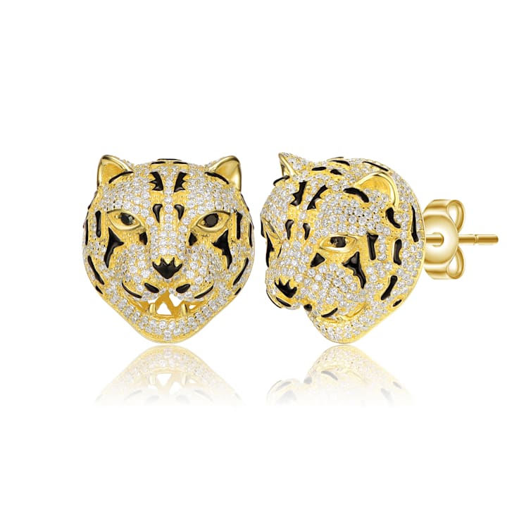 Clear Cubic Zirconia, 14k Gold Plated over Sterling Silver Leopard Head
Stud Earrings