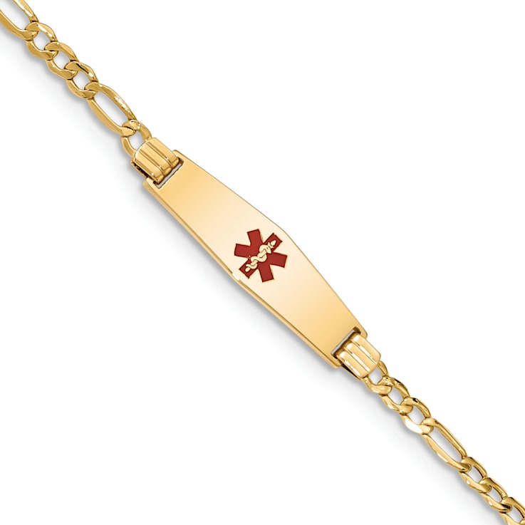 14k Yellow Gold Medical Soft Diamond Shape Red Enamel Figaro Link ID Bracelet